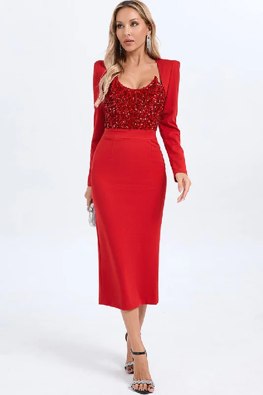 Sparkly Sequin Padded Long Sleeve Bodycon Croset Cocktail Party Midi Dress Elegant Pleated Detail Midi Dress