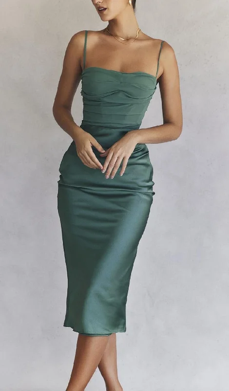 STRAP CORSET MIDI DRESS IN GREEN Stylish Silk Midi Dress