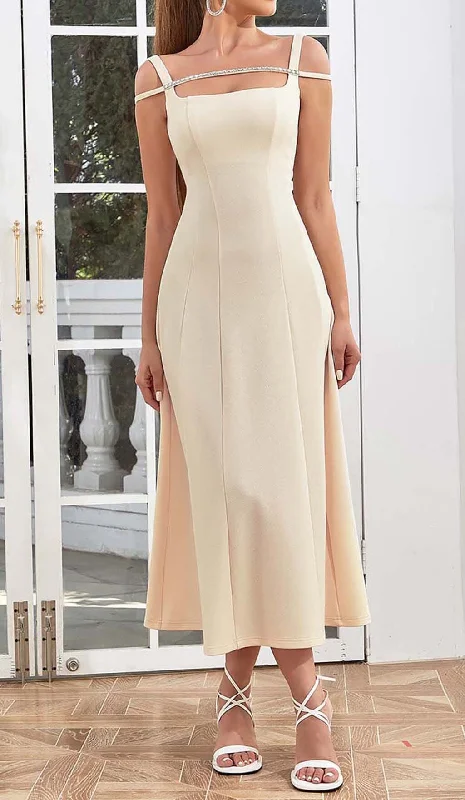 STRUCTURED CORSET FLOUNCED MIDI DRESS IN IVORY Elegant Sleeveless Midi Dress