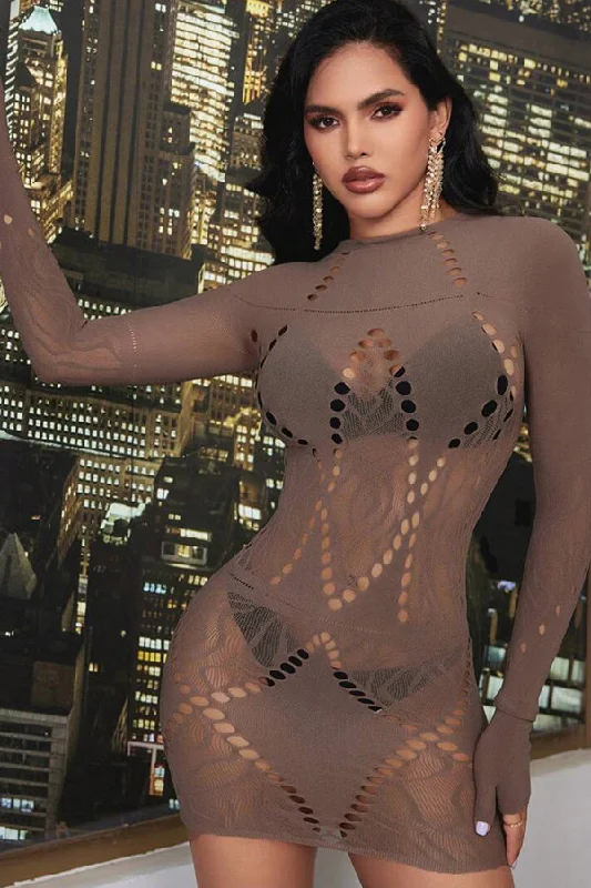 Taupe Sexy Long Sleeves Bodystocking Mini Dress Comfortable Zip-Up Mini Dress