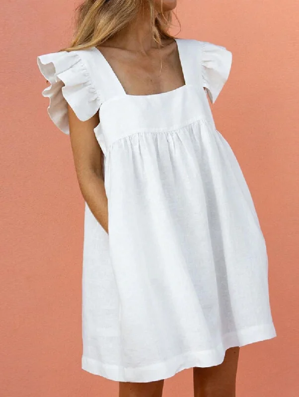 Square Neck Blouse Solid Summer Holiday Loose Women Mini Dress Trendy Off-Shoulder Dress Mini