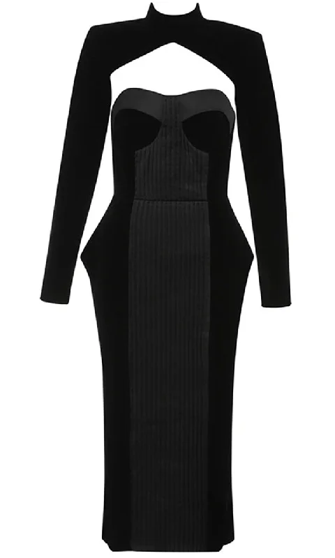 Up All Night Black Velvet Strapless Sweetheart Neckline Bustier Open Back Bodycon Turtle Neck Long Sleeve Two Piece Midi Dress Stylish High-Waisted Midi Dress