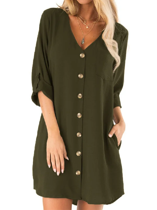 Women Button Down Casual V Neck Loose Mini Dress with Pockets Comfortable Shift Mini Dress