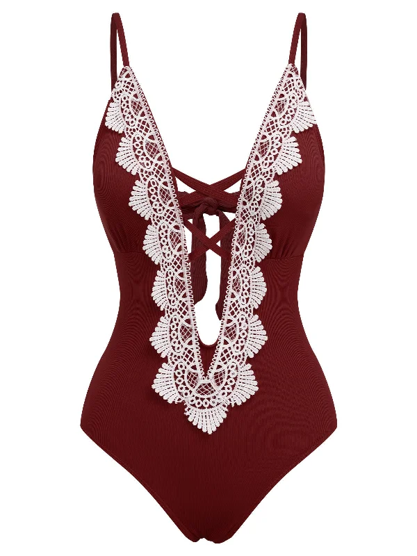 1930s Lace Knitted One-Piece Swimsuit Stylish Swimsuit Set