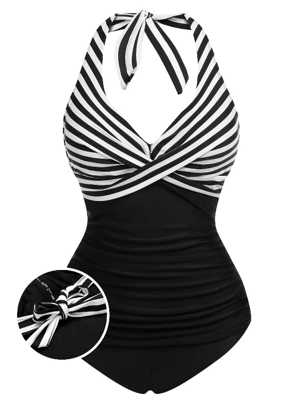 1950s Halter Stripes Floral One-Piece Swimsuit Fun Pattern Swimsuit