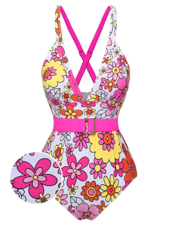 1960s Flowers Back-Cross Strap Belt Swimsuit Elegant Ruffle Swimsuit