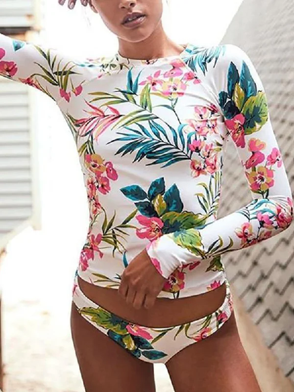 2023 womens surf sets  Long Sleeve Swimsuit Floral Print Bikini Bathing Suit High-Waisted Swimwear