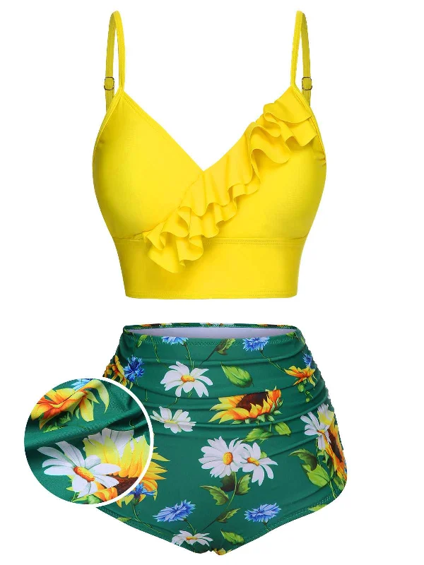 2PCS Yellow 1950s Sunflower Ruffles V-Neck Swimsuit Playful Pattern Swimsuit