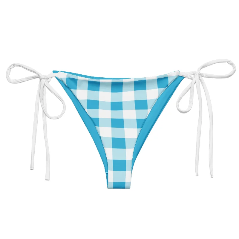 Aqua Blue and White Gingham String Bikini Swimsuit Bottoms Full Coverage Swimsuit