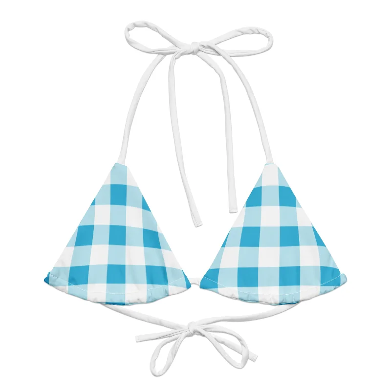 Aqua Blue and White Gingham String Bikini Swimsuit Top Trendy Swimsuit Bottoms