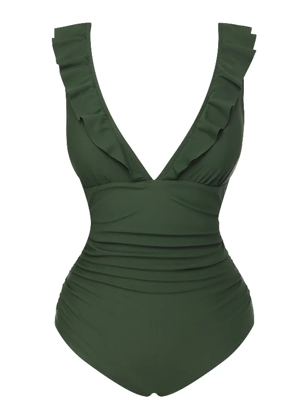 Army Green 1950s Solid Ruffles V-Neck Swimsuit Button-Front Swimsuit