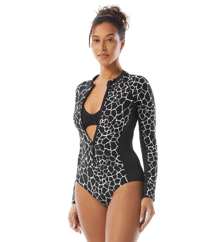 Beach House Women's Desert Giraffe Sculpt Long Sleeve Zip Front Two Piece Swimsuit Black Retro-Inspired Bikini Set