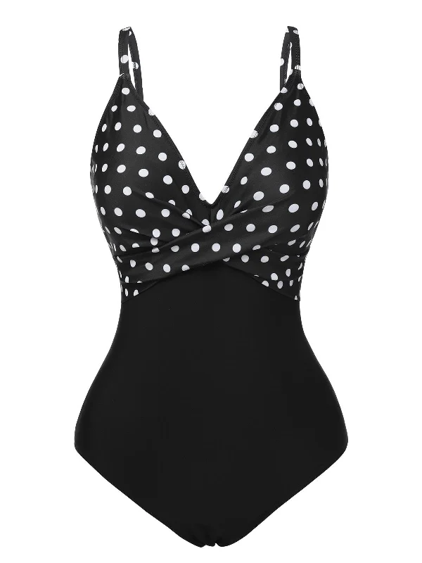 Black 1930s Polka Dots One-Piece Swimsuit Beach Ready Swimsuit