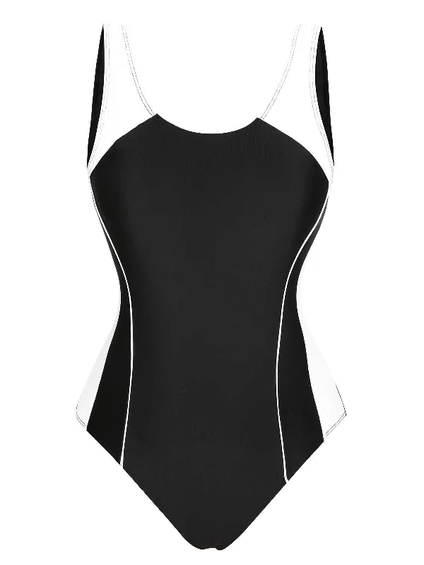 Black 1940s Contrast One-Piece Swimsuit Classic Monokini Design