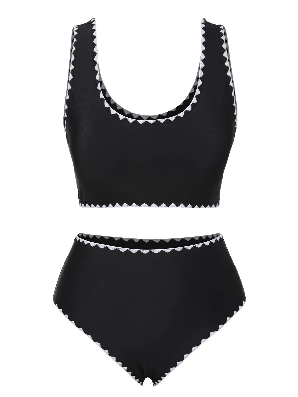 Black 1950s Solid Jagged Edge Swimsuit Playful Pattern Swimsuit