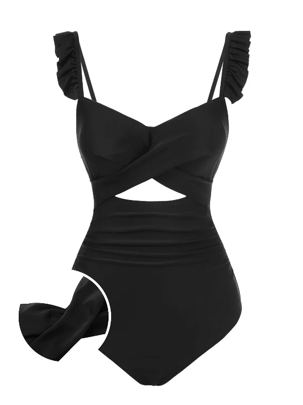 Black 1950s Solid Ruffled Strap Swimsuit High-Waisted Swim Bottoms