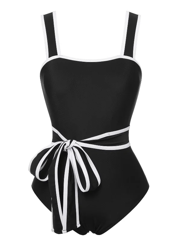 Black & White 1950s Wide Strap One-Piece Swimsuit Strapless Swimsuit Top