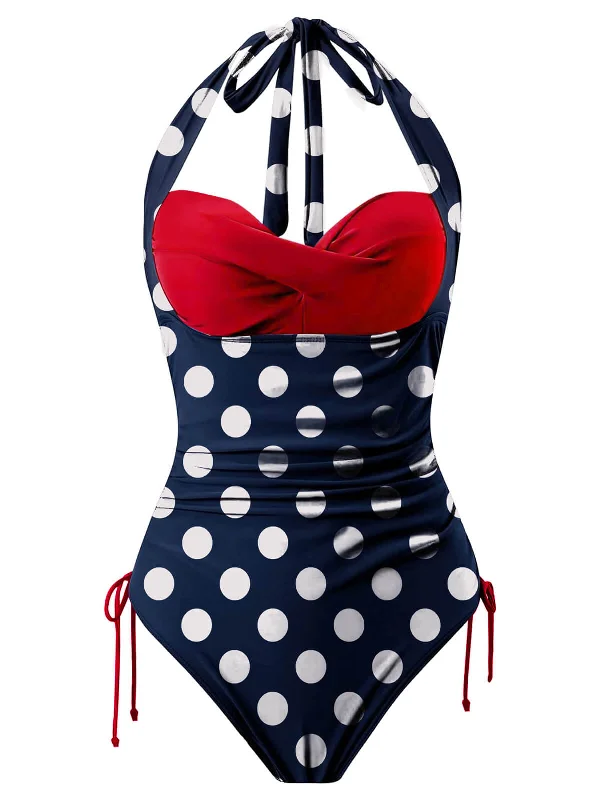 Blue & Red 1950s Polka Dots Halter Swimsuit Plunge Back Swimsuit