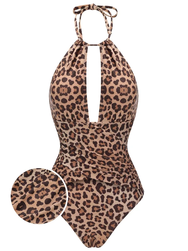 Brown 1930s Leopard V-Neck Halter Swimsuit Mesh Panel Swimwear