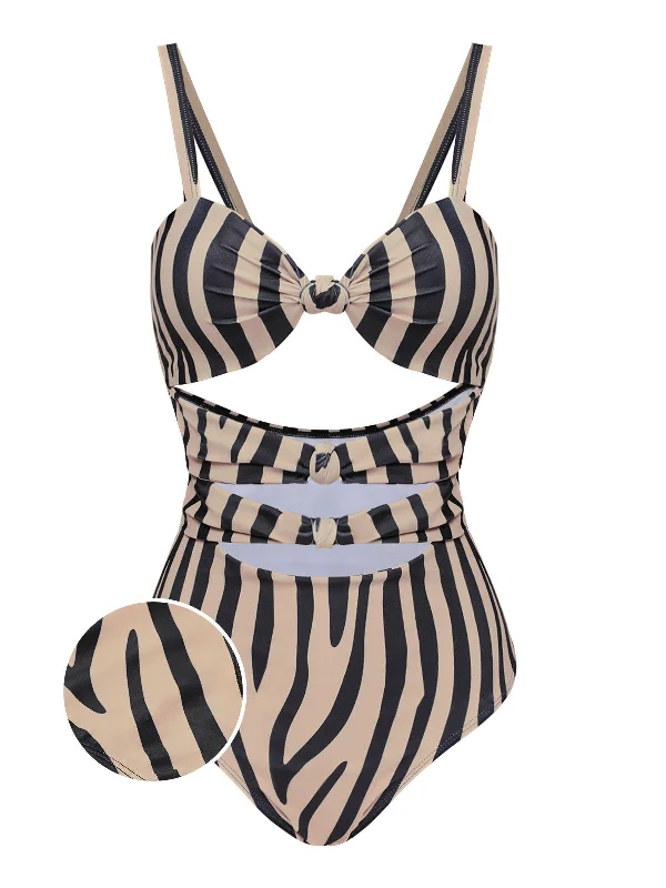 Brown Zebra Print Cutout One-Piece Swimsuit Floral Print Swimsuit