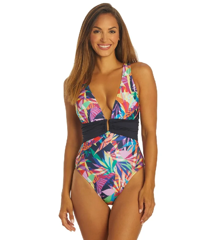 Dolfin Aquashape Women's Print Contemporary Deep V-Neck One Piece Swimsuit Las Palmas Retro Swimwear Style