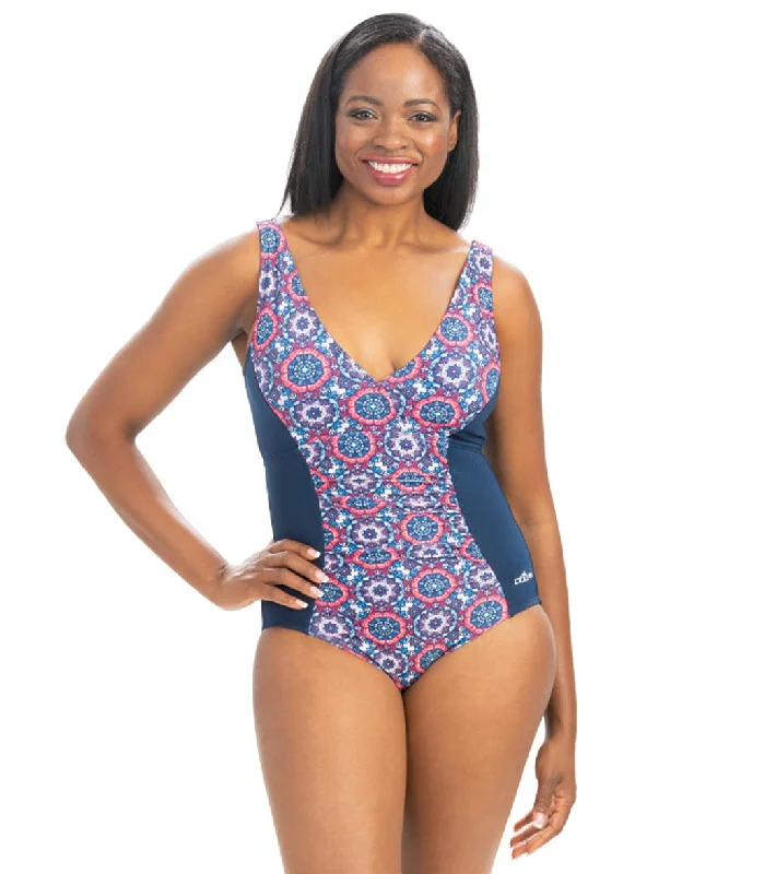 Dolfin Women's Aquashape Mosaic V-neck Front Panel Chlorine Resiatant One Piece Swimsuit Mosaic Mesh Panel Swimwear