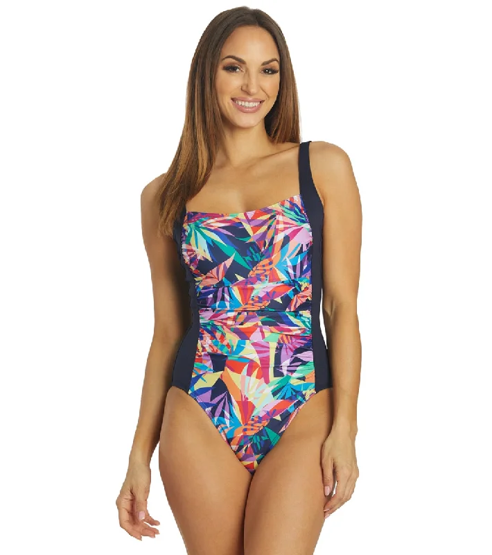 Dolfin Women's Aquashape Print Moderate Square Neck One Piece Swimsuit Las Palmas Push-Up Bikini Bottoms