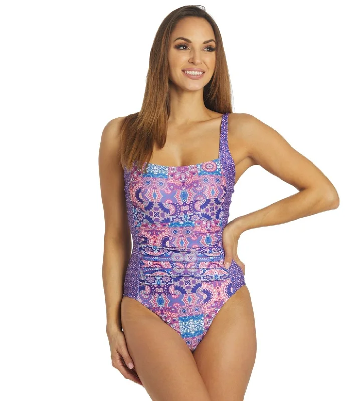 Dolfin Women's Aquashape Print Moderate Square Neck One Piece Swimsuit Patchwork Shiny One-Piece Swimsuit