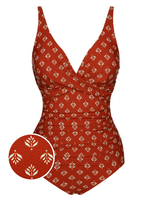 Fire Brick Red 1940s Leaves V-Neck Swimsuit Elegant Swimsuit Bottoms