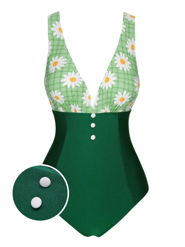 Green 1940s Daisy Patchwork One-Piece Swimsuit Classic Swimsuit Design