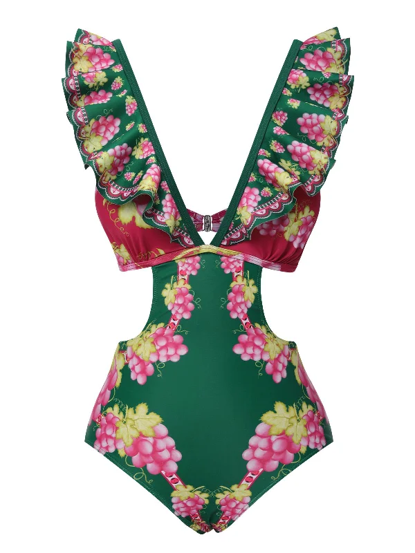 Green 1950s Retro-Flowers V-Neck Swimsuit Retro-Inspired Bikini Set