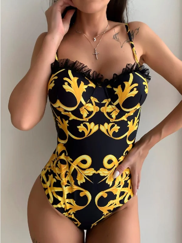 ASHORESHOP Victoria Royal Gold Pattern Swimwear 2021 Push Up  Sexy Women  Swimsuit Swim Dress with Belt