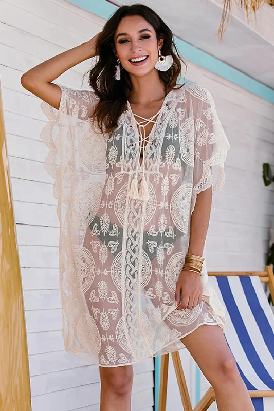 Lace-Up Sheer Crochet Swimsuit Cover Up Sexy Cutout Swimsuit