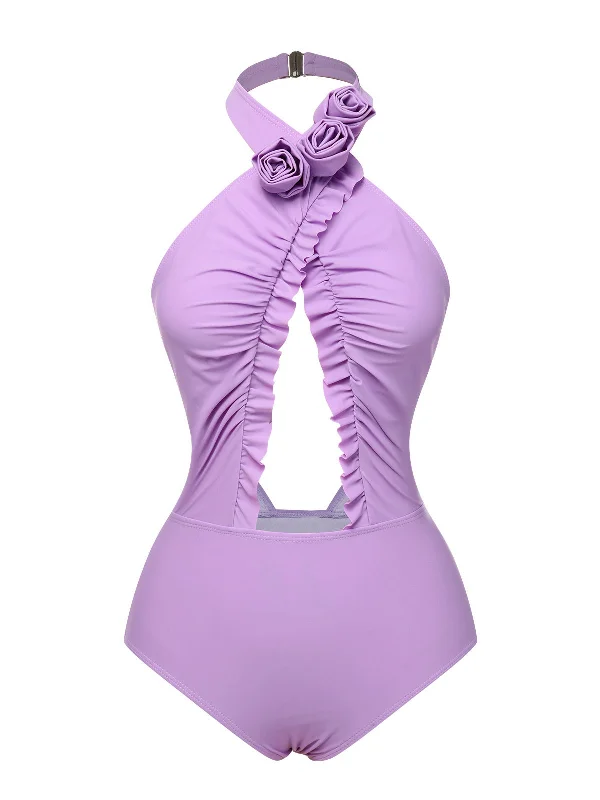 Lavender 1940s 3D Flowers Halter One-Piece Swimsuit Cross-Back Bikini