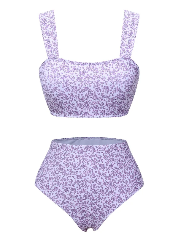 Lavender 1950s Floral Wide Strap Swimsuit High-Cut One-Piece