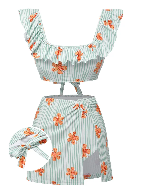 Light Green 1950s Floral Stripe Swimsuit & Skirt Cover-Up Sporty Swim Shorts