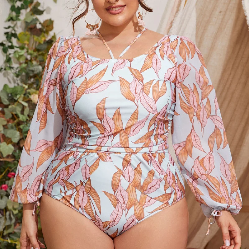 Long Sleeves Women Plus Sizes One Piece Swimwear Retro-Inspired Bikini Set