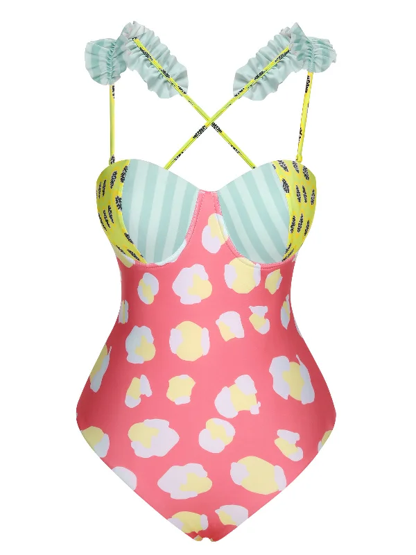 Multicolor 1950s Cartoon Patchwork Swimsuit Deep-V Swimsuit Design