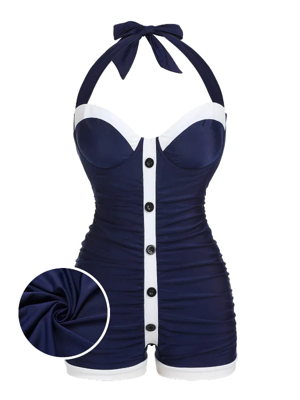 Navy Blue 1950s Pleated Halter Swimsuit Sporty Swim Shorts