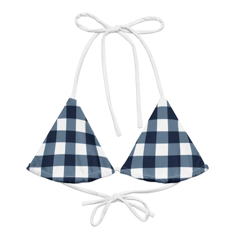 Navy Blue and White Gingham String Bikini Swimsuit Top Stylish Beachwear Set