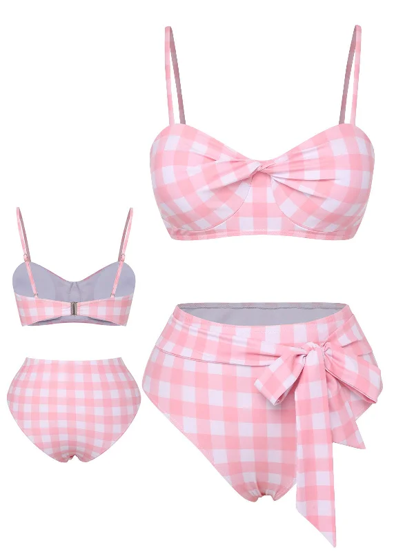 Pink 1940s Spaghetti Strap Plaid Bow Swimsuit Sporty Swimwear Bottoms