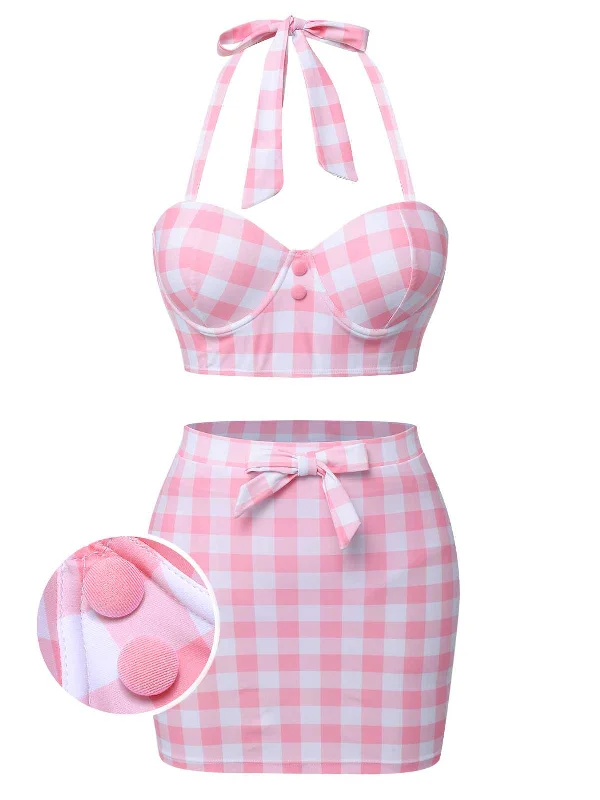 Pink 1950s Halter Plaids Bow Swimsuit Crisscross Back Swimsuit