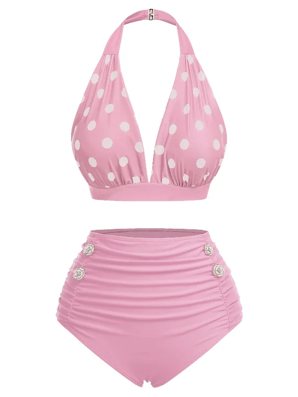 Pink 1950s Polka Dot Halter Separate Swimsuit Sporty Swim Shorts