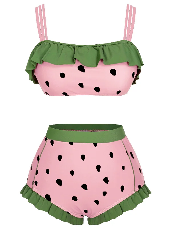 Pink 1950s Strawberry Ruffle Strap Swimsuit High-Waisted Swimwear