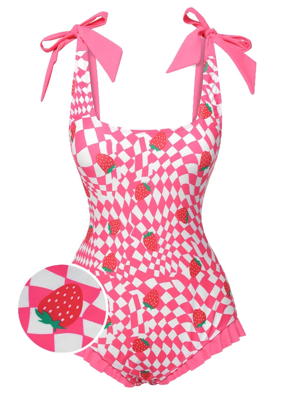 Pink 1960s Strawberry Plaid One-Piece Swimsuit Modern High-Waisted Swimsuit