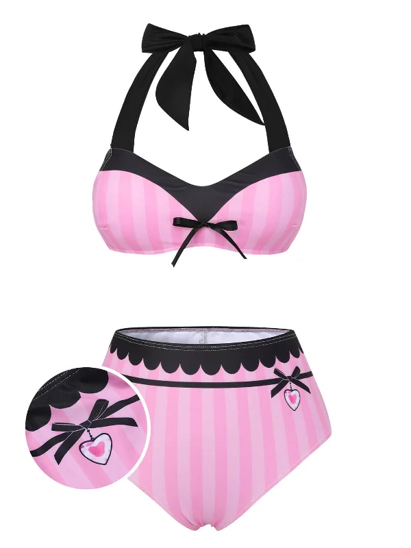 Pink & Black 1950s Stripe Halter Swimsuit Classic Monokini Design