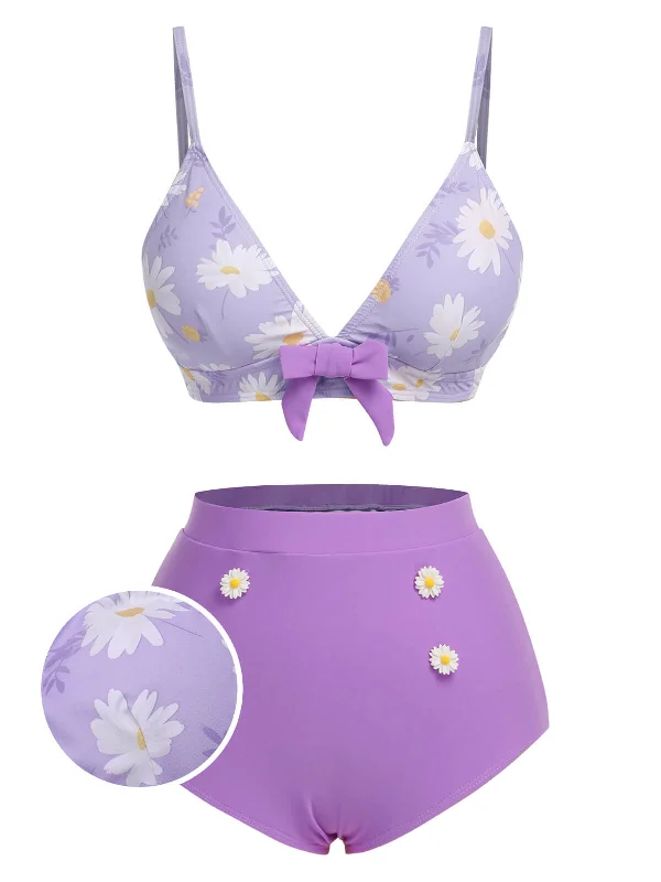 Purple 1950s Daisy Bow Strap Swimsuit Shiny One-Piece Swimsuit