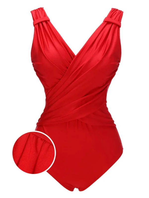 Red 1940s V-Neck Solid One-piece Swimsuit Vibrant Bikini Bottoms