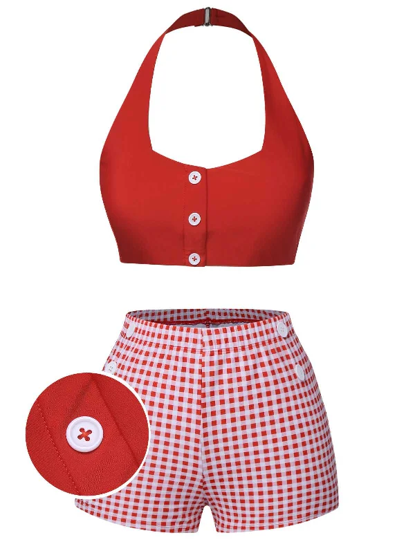 Red 1950s Halter Plaids Swimsuit Sexy Swimwear Set