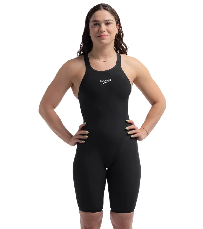 Speedo Women's LZR Valor 2.0 Closed Back Kneeskin Tech Suit Swimsuit Black Ruffled Swimsuit Top